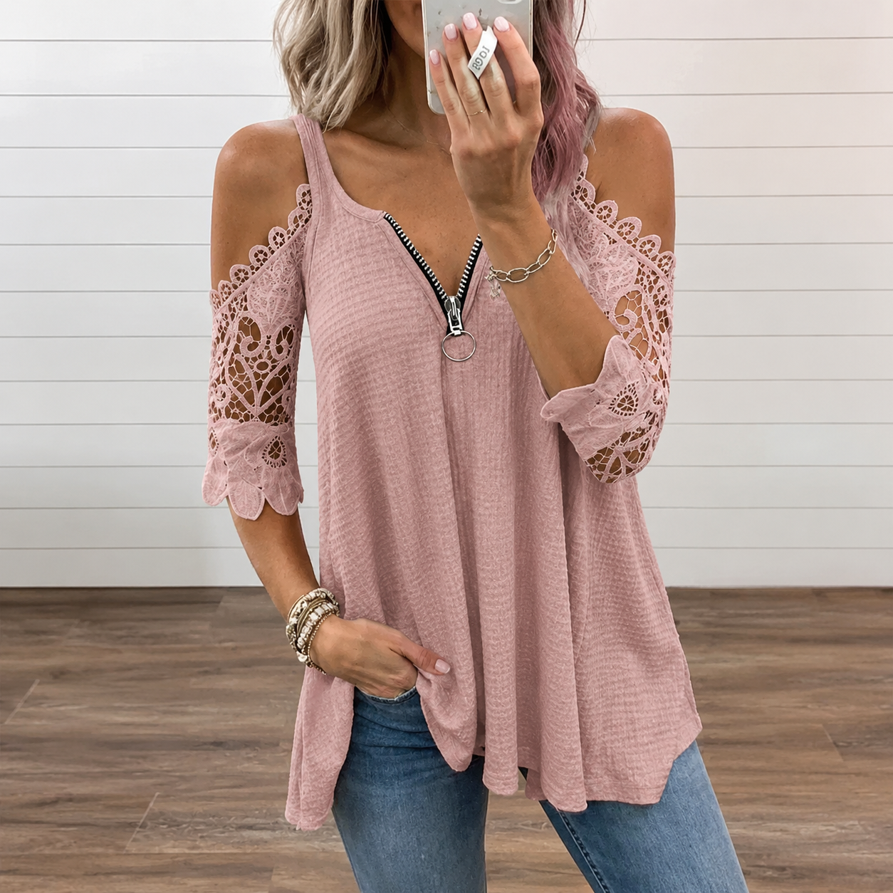 Estela - Camiseta de encaje para mujer con hombros descubiertos.