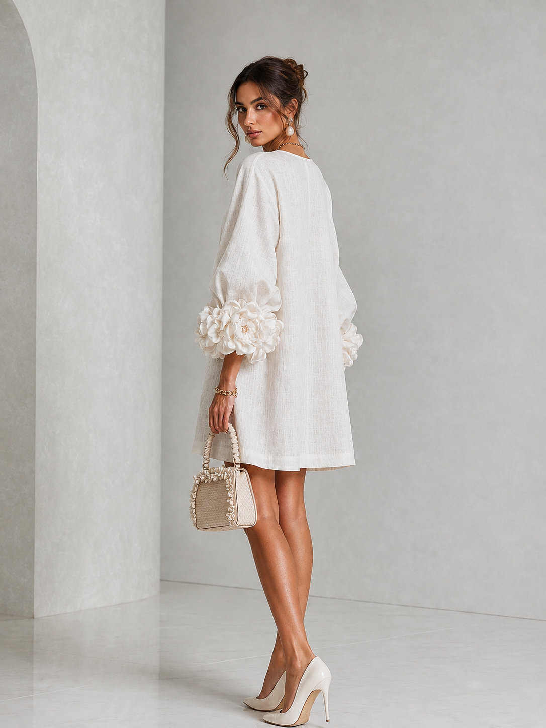 BIANCA | Vestido Mini de Lino con Mangas Abullonadas
