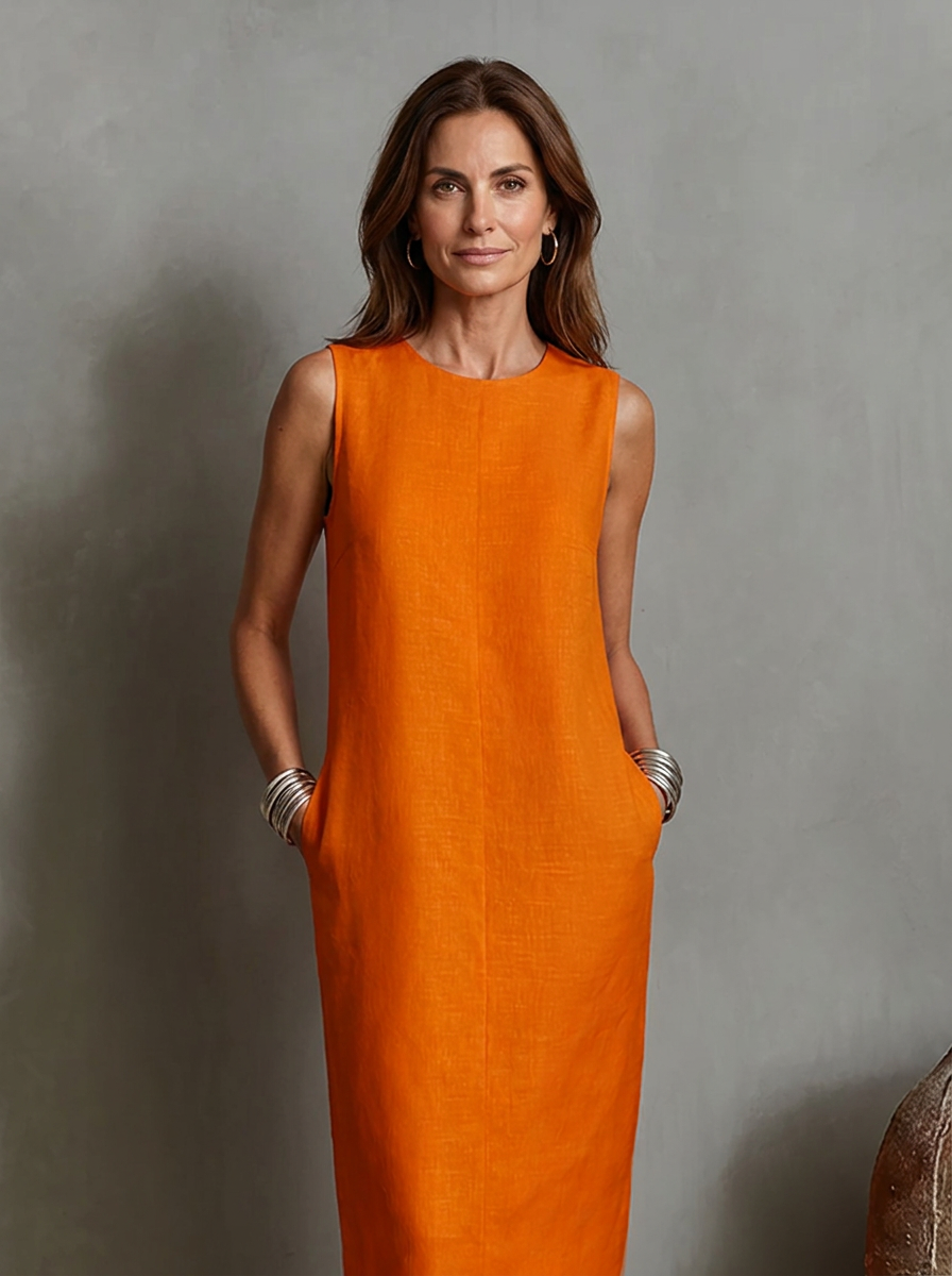 Sofía · Vestido Midi Efecto Lino Sin Mangas con Bolsillos