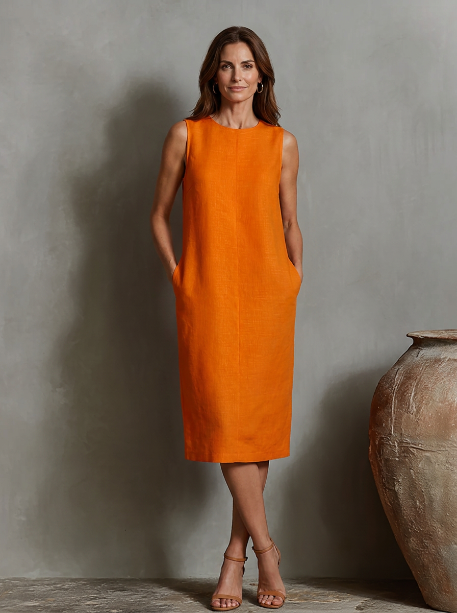 Sofía · Vestido Midi Efecto Lino Sin Mangas con Bolsillos