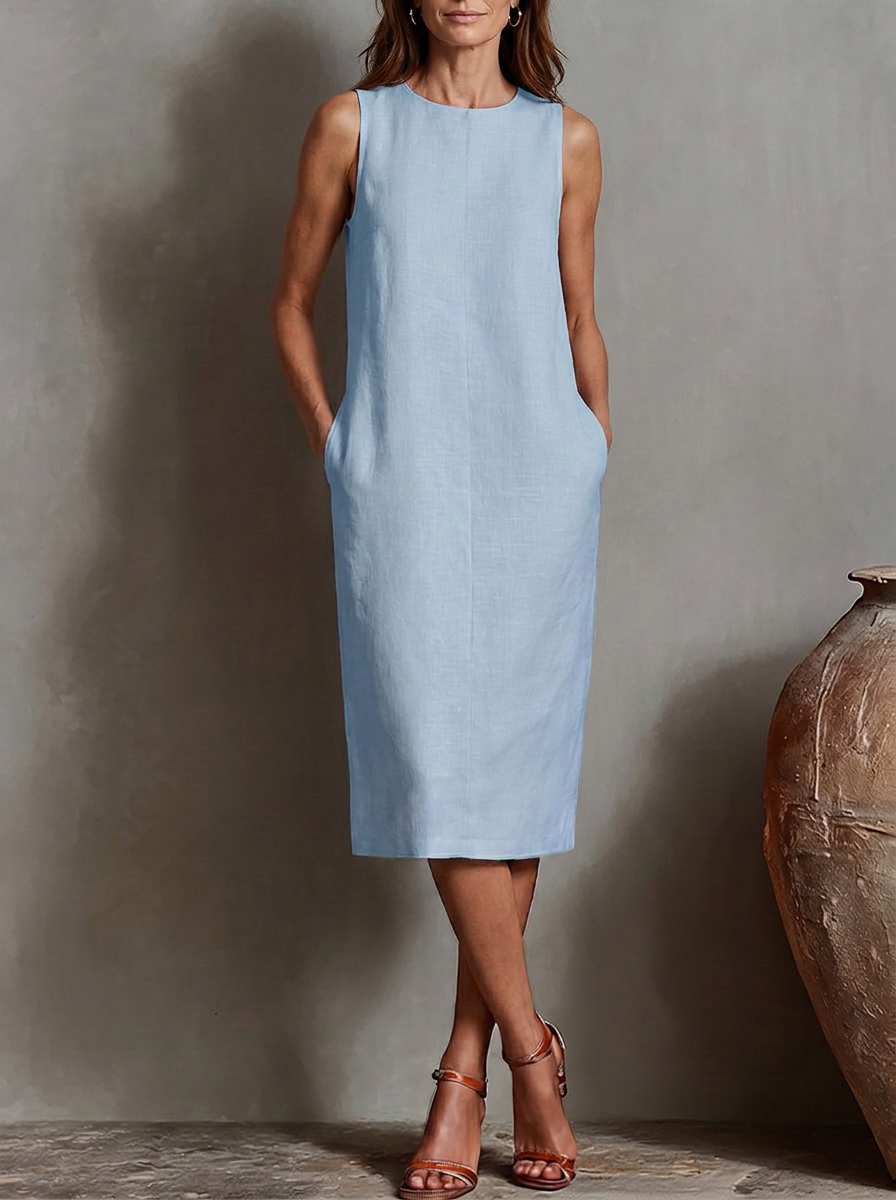 Sofía · Vestido Midi Efecto Lino Sin Mangas con Bolsillos