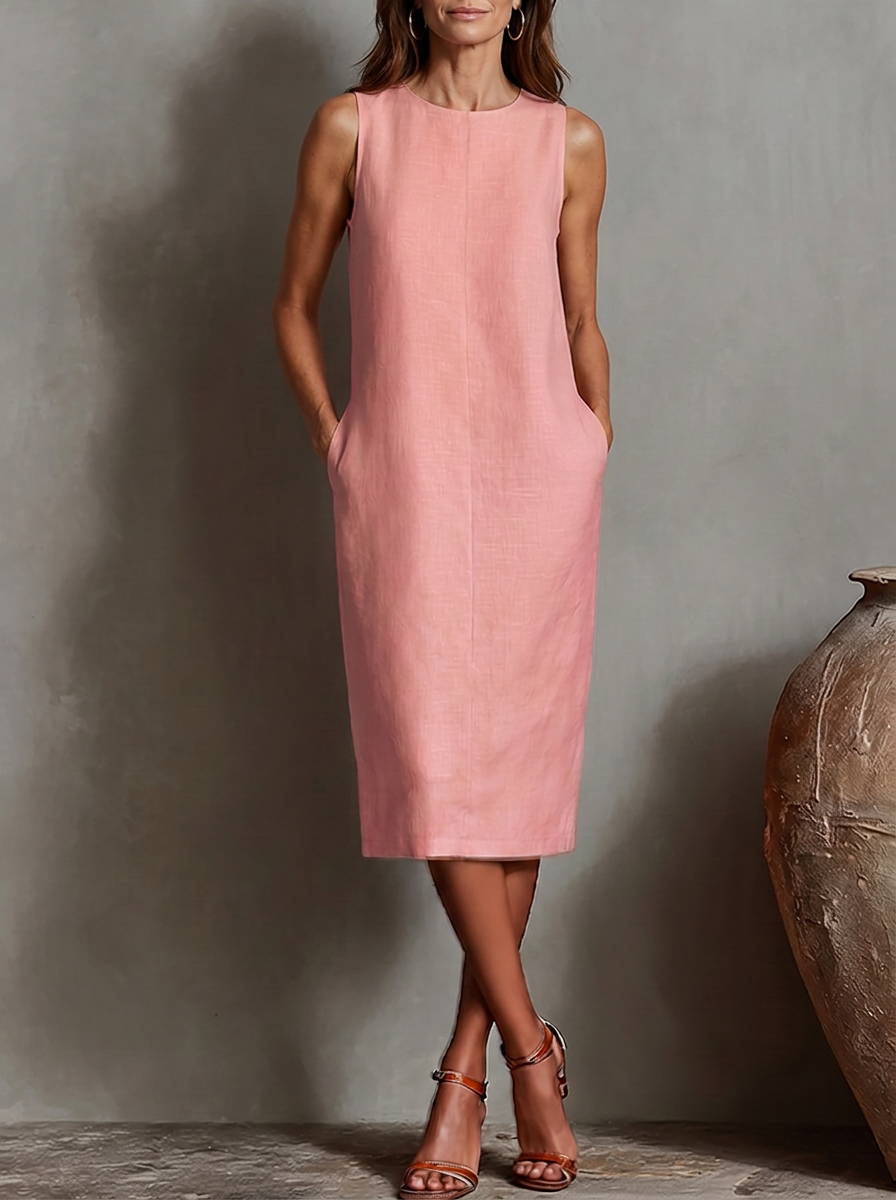 Sofía · Vestido Midi Efecto Lino Sin Mangas con Bolsillos