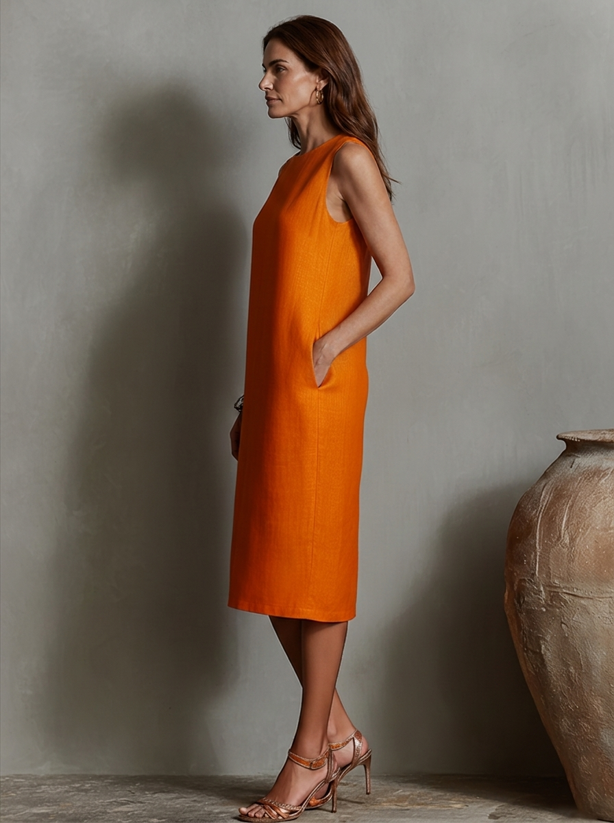 Sofía · Vestido Midi Efecto Lino Sin Mangas con Bolsillos