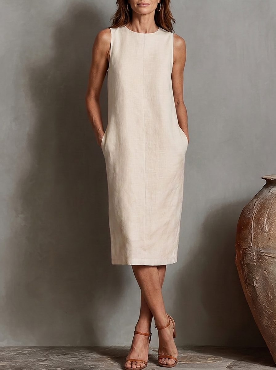 Sofía · Vestido Midi Efecto Lino Sin Mangas con Bolsillos